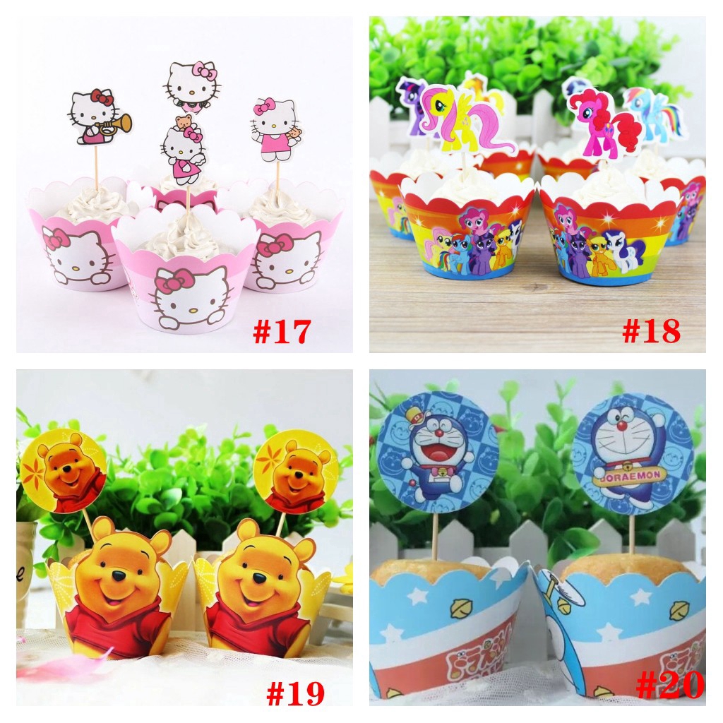 Set 24 Phụ Kiện Màng Bọc Và Topper Trang Trí Bánh Cupcake Họa Tiết Chuột Mickey Minnie / Doraemon / Công Chúa Băng Giá