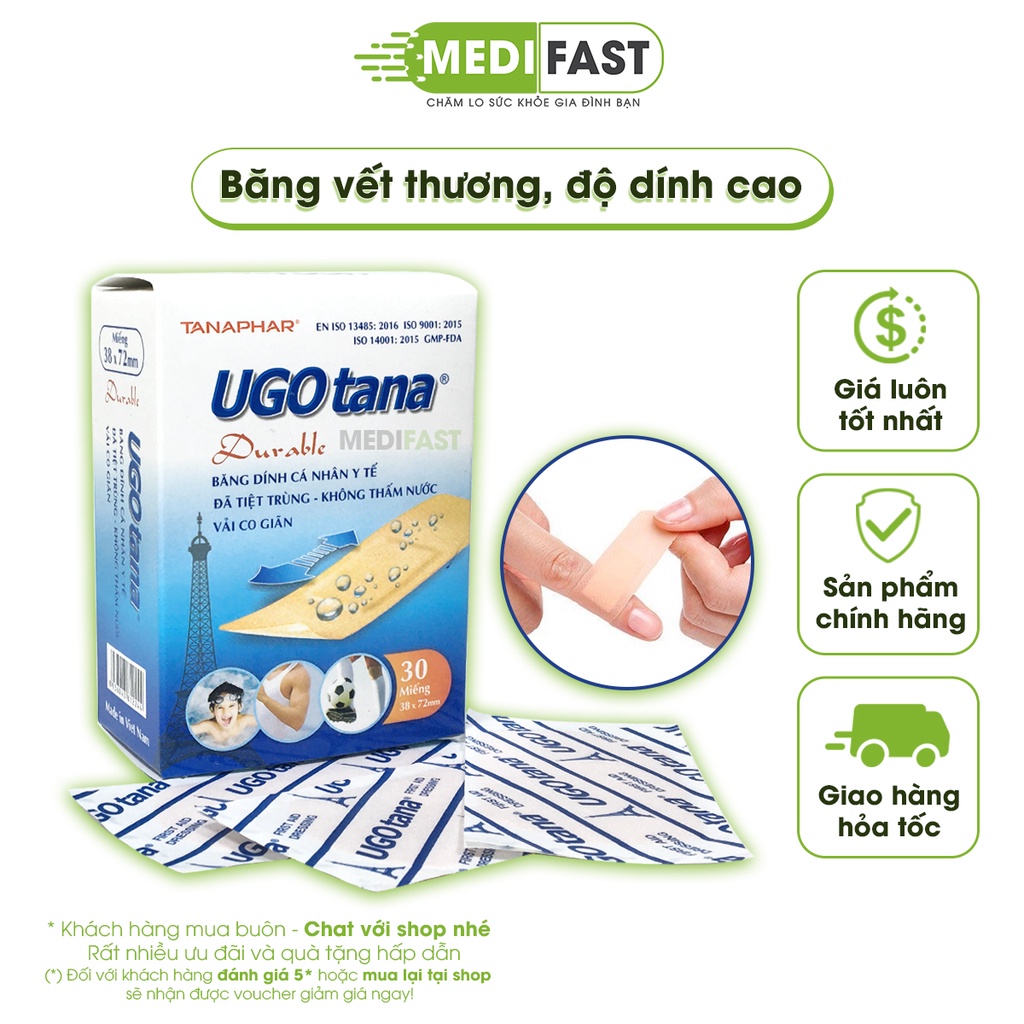 Băng dính cá nhân y tế Ugotana - Hộp 30 miếng - Băng dính cá nhân số 1 sản xuất tại Việt Nam