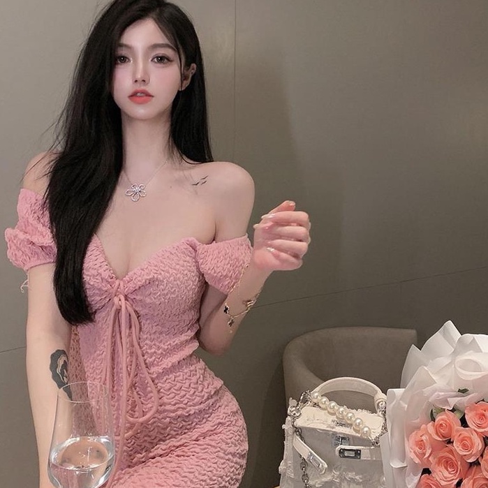 [MURIOKI] Đầm Tay Ngắn Phồng Cổ Chữ V Hở Lưng Ôm Dáng Thời Trang Hàn Quốc Cho Nữ