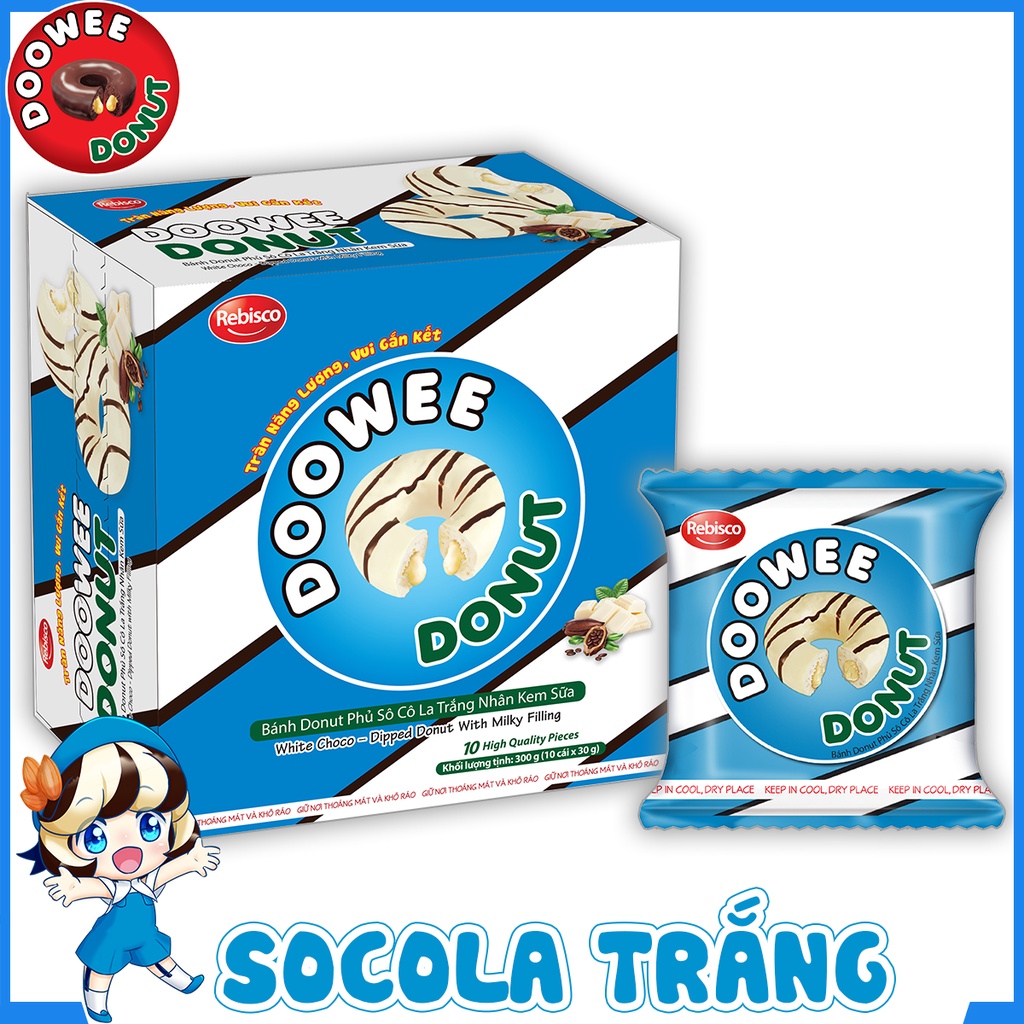 Bánh bông lan - Doowee Donut -Vị socola trắng nhân kem sữa - Hộp 10 cái/ 300 Gram