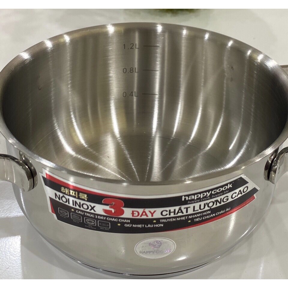 Nồi Inox 3 đáy 16cm Happycook, Đáy từ chống dính kèm vung kính, Nồi nấu bột nấu cháo dùng cho bếp từ, bếp điện