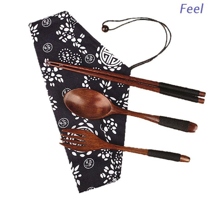 Feel 4pcs Set Japanese Wooden Chopsticks Spoon Fork Tableware