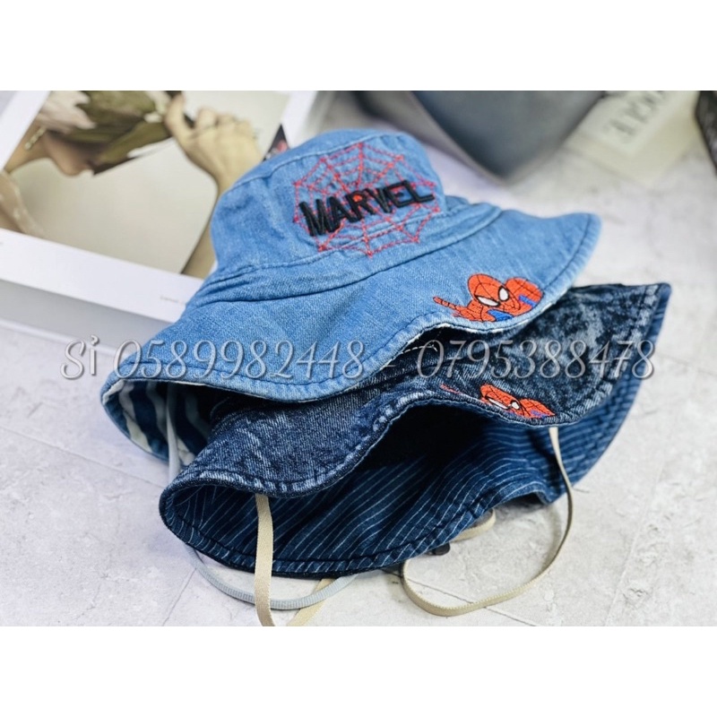 Mũ Bo Vải Jeans Thêu Nhện 🕷 Cho Bé Trai Có Dây 1t đến 5t Thời Trang