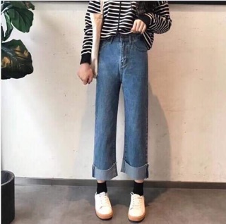 Quần Culottes Jeans Trơn Gập Gấu