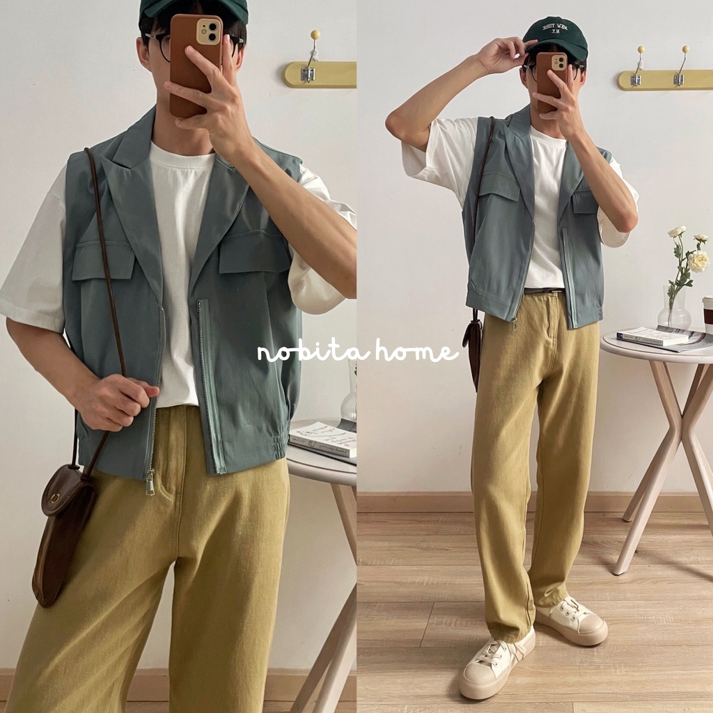 NOOBITA - Áo gile kaki dáng crop có dây kéo 7774