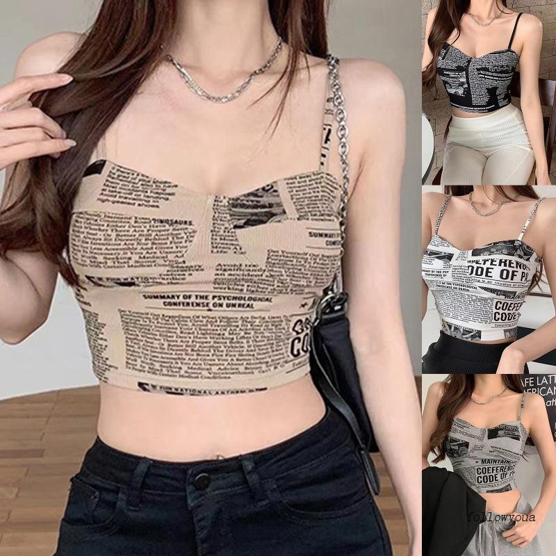 Áo Croptop Hai Dây Cổ Khoét Sâu In Họa Tiết Báo Giấy Phong Cách Harajuku Quyến Rũ Cho Nữ