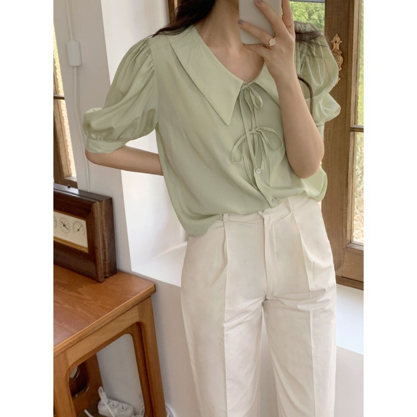 Áo sơ mi tay phồng cột dây phong cách Hàn Quốc dễ thương cho nữ 44028