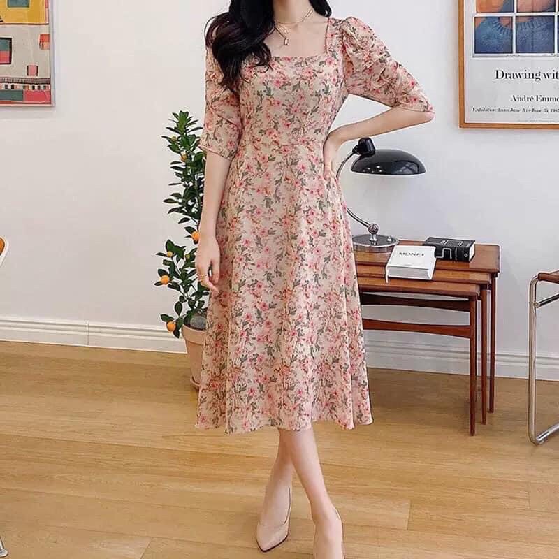 Váy hoa cổ vuông tay nhún