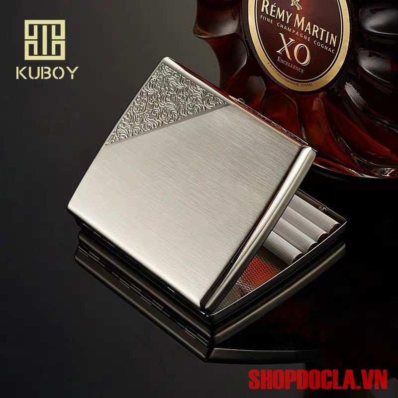 Hộp đựng thuốc lá Kuboy KC2-10 Chất Liệu Inox có hoa văn góc (20 điếu)
