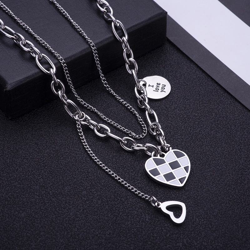Vòng cổ hai lớp 17KM phối mặt hình trái tim họa tiết kẻ ô trắng đen kiểu retro dành cho nữ