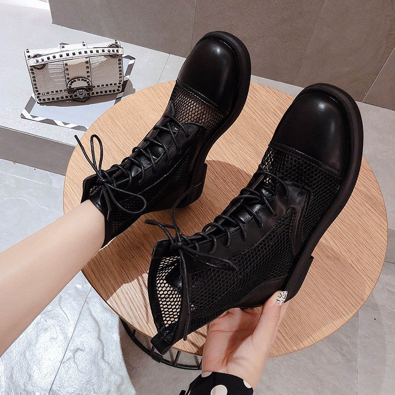 Jiashucheng Giày Bốt Cao Đến Giữa Bắp Chân Phối Lưới Rỗng Thời Trang Cổ Điển Dễ Phối Đồ Cho Nữ