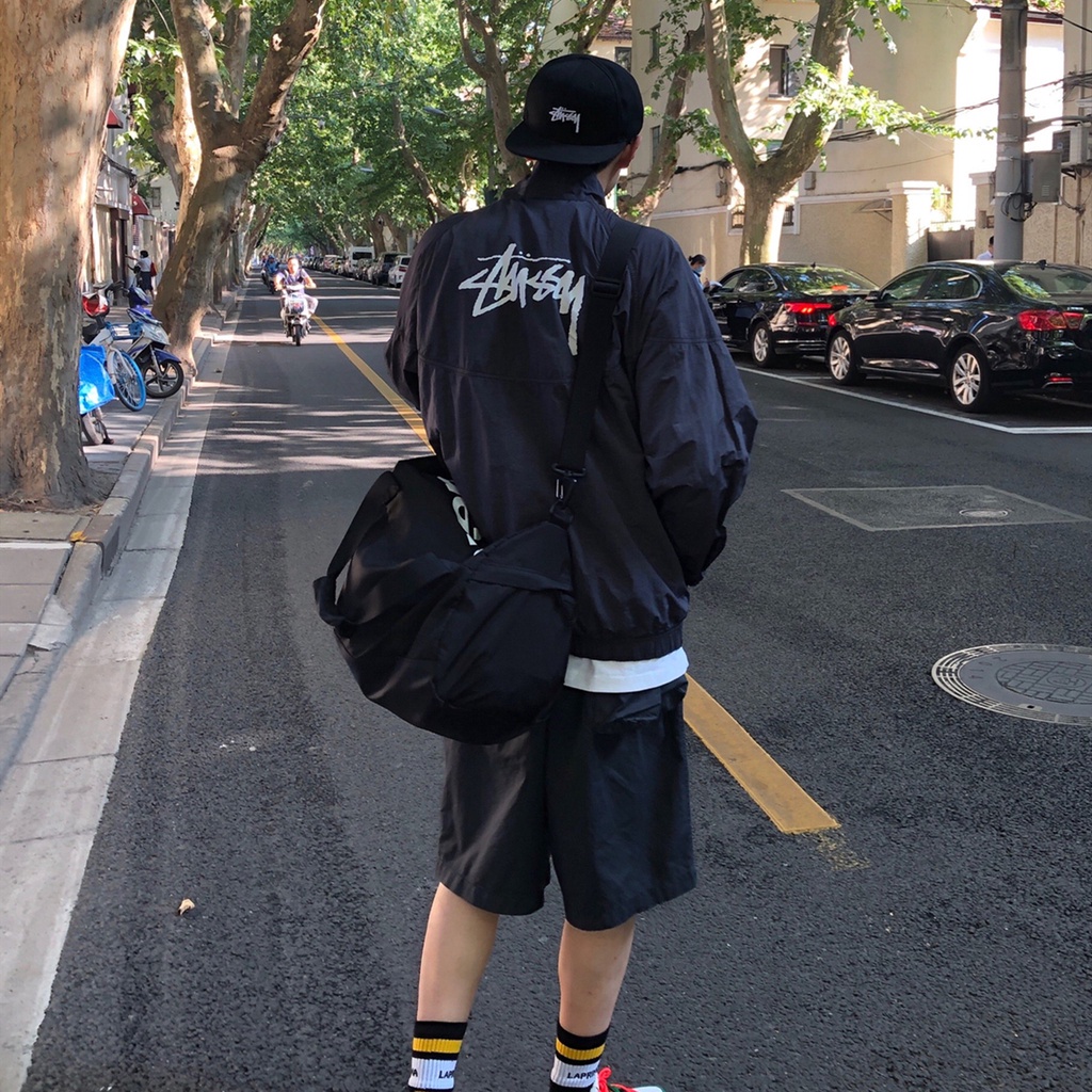 Áo Khoác Gió Nike x Stussy Swoosh Tay Dài Phối Khóa Kéo Màu Đen Phong Cách Retro Cho Nam