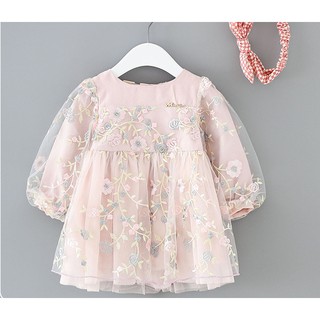 Váy da lộn dài tay thêu hoa bé gái