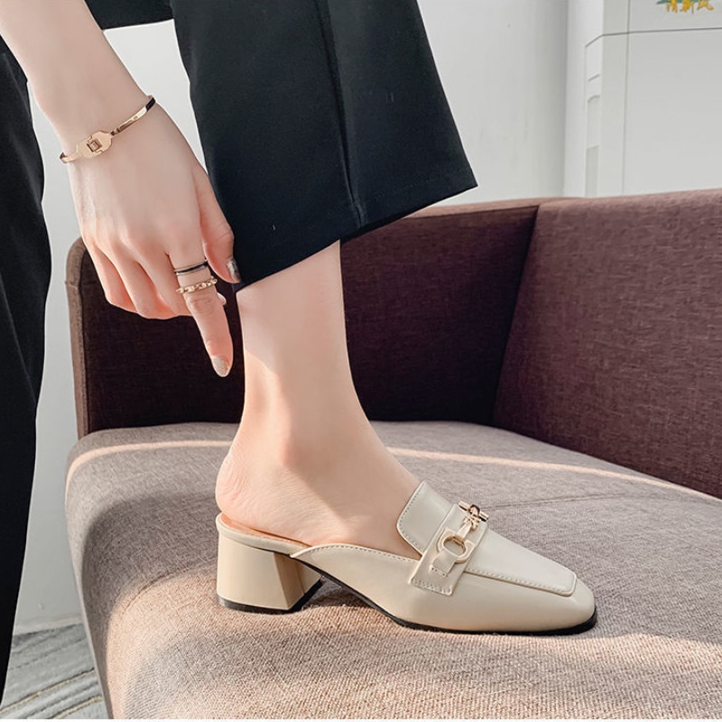 Dép cao gót nữ mũi nhọn hở gót phối dây cao 4.5cm Màu Be