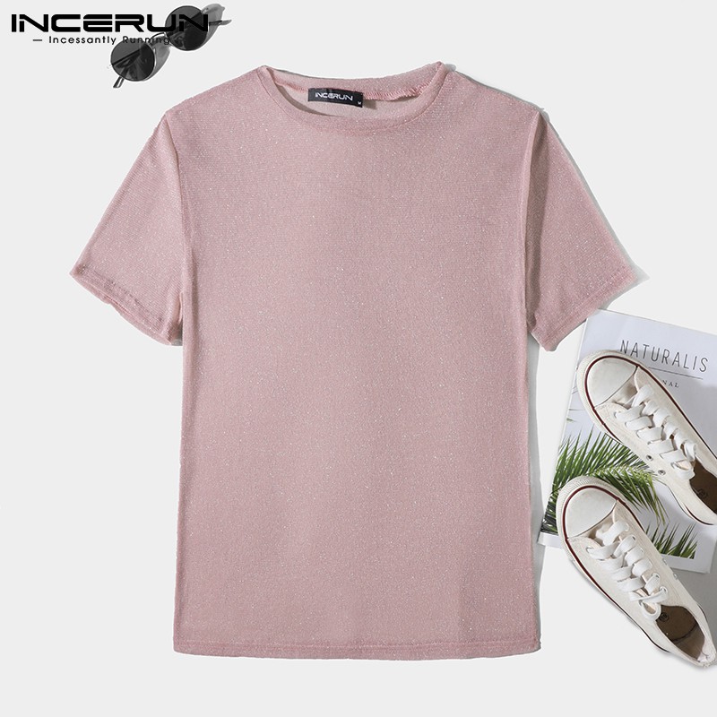 INCERUN Men 3 Colors Short Sleeve Round Neck Transparent Shinny Solid Color T-Shirts