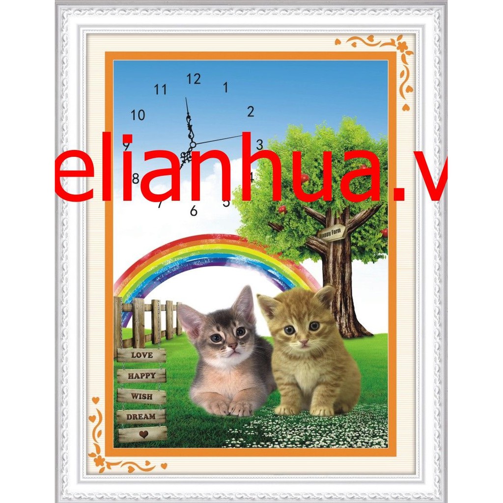 Tranh thêu đôi mèo cầu vòng đồng hồ A993 - kích thước: 37 * 48cm. (TRANH CHƯA LÀM)