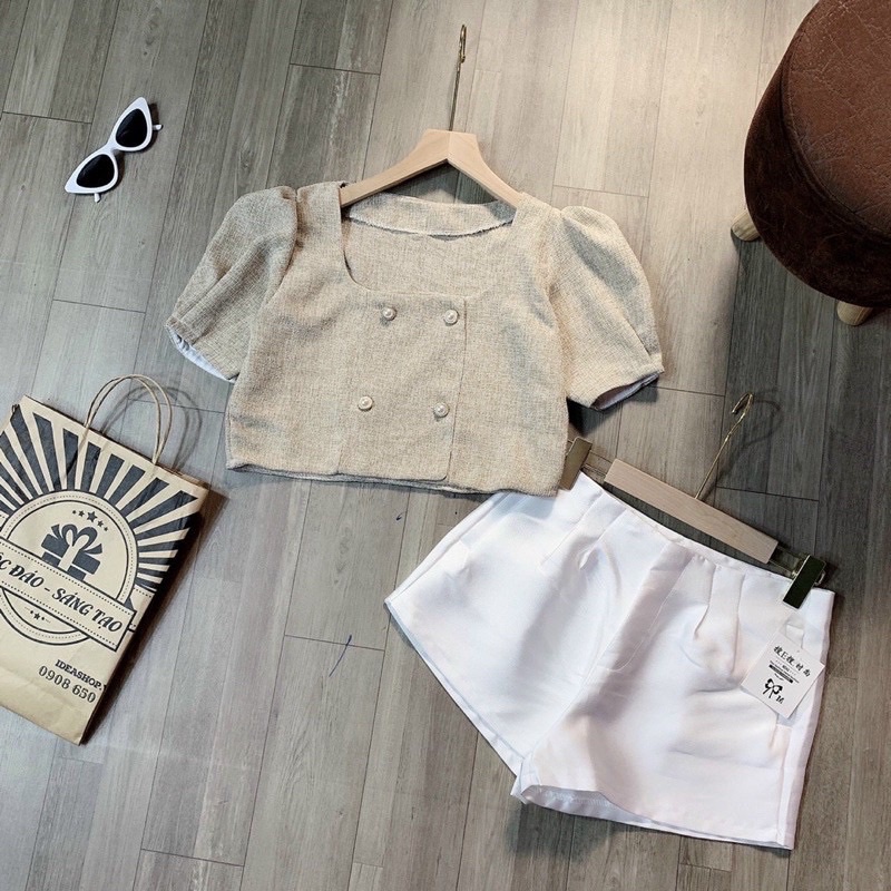 Áo Croptop Dạ Tay Ngắn Phồng Đính Nút Ngọc May 2 Lớp TTP STORE