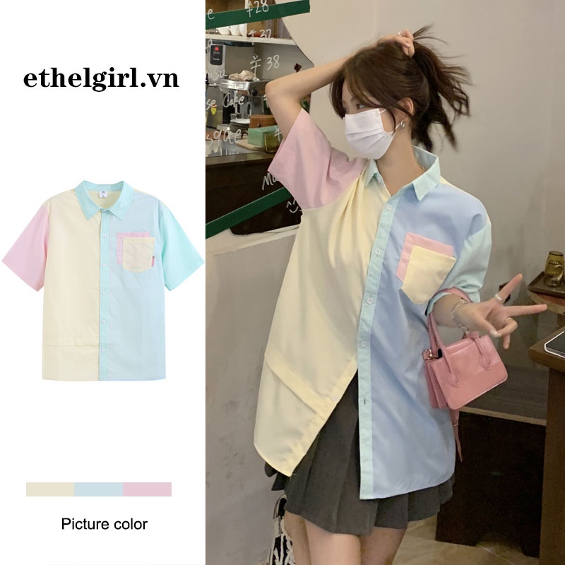 Áo sơ mi ngắn tay phong cách Hàn Quốc Polo Top Cropped Loose Contrast
