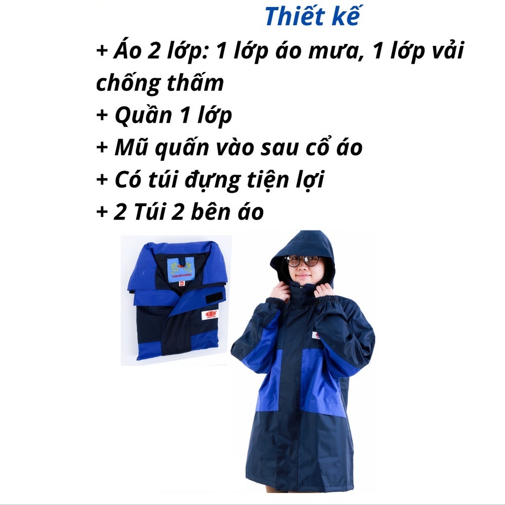 Áo mưa bộ 2 lớp Thành Long chất liệu vải dù chống thấm tốt, quần áo mưa bảo hộ lao động