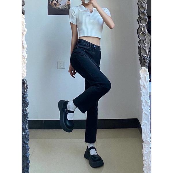 Quần jeans màu đen skinny lưng cao co giãn
