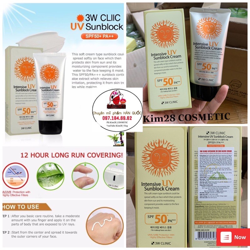 (AUTH) Kem chống nắng Intensive UV Sunblock Cream 3W CLINIC 50+ PA+++ hàng chính hãng