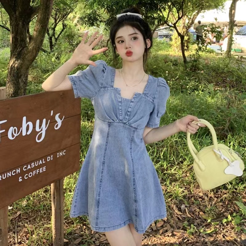 Đầm Denim Tay Phồng Cổ Vuông Phong Cách Hàn Quốc Thời Trang Cho Nữ