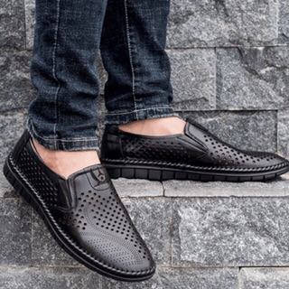 GIẦY LƯỜI NAM DA BÒ THẬT ĐỤC LỖ LAZE THOÁNG KHÍ