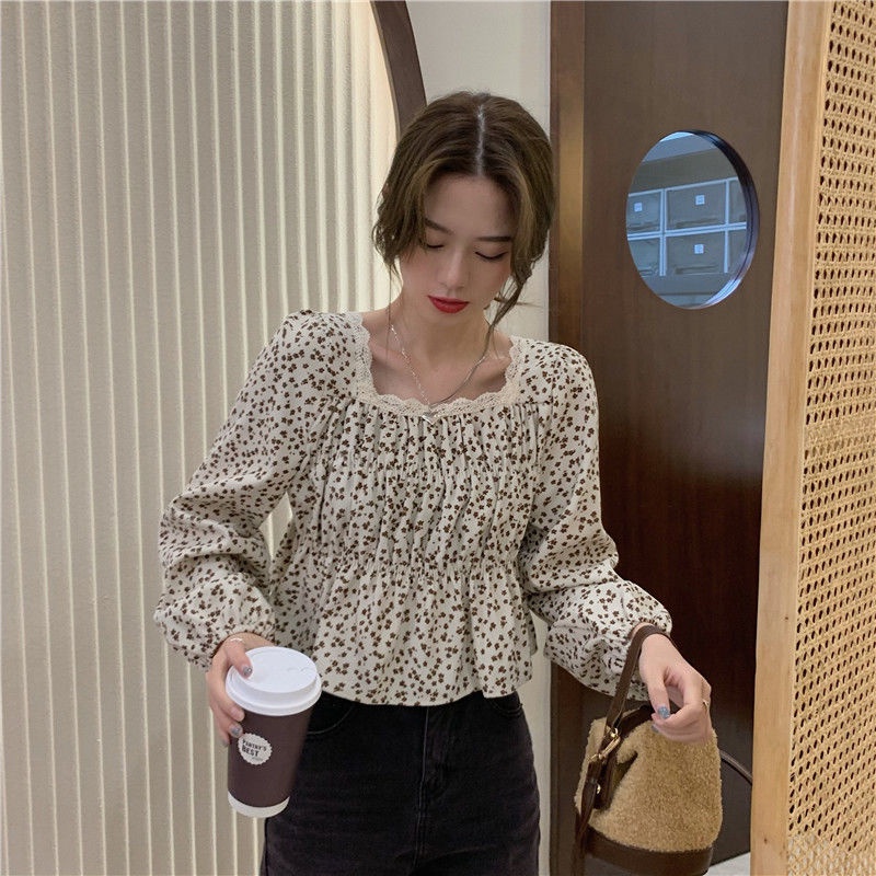 Áo Sơ Mi Ngắn Tay Dài Cổ Vuông In Họa Tiết Hoa Thời Trang Mùa Thu Kiểu Pháp Cổ Điển