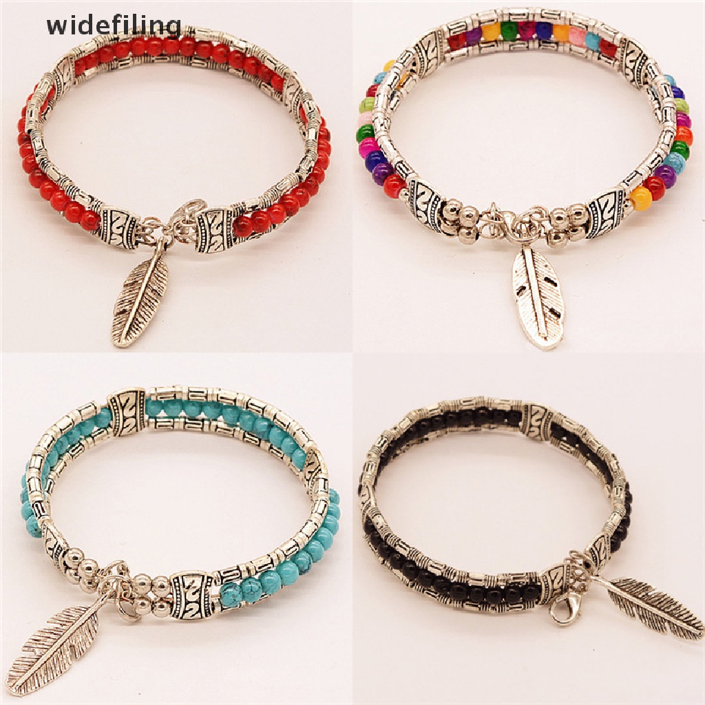 Vòng tay bạc xỏ hạt mặt dây hình lông vũ phong cách Bohemian thời trang cho nữ