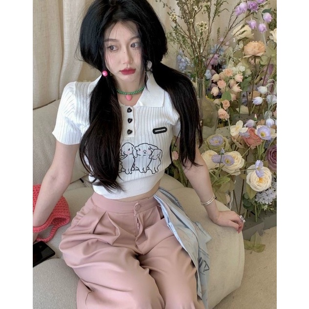 Áo thun croptop cổ bẻ gài nút hai màu 💕💕💕💕GB alohashop91