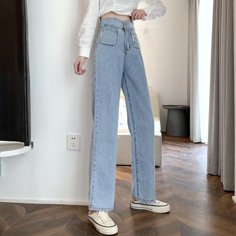 Quần Jeans Ống Rộng Lưng Cao Đính Ngọc Trai Trẻ Trung Năng Động