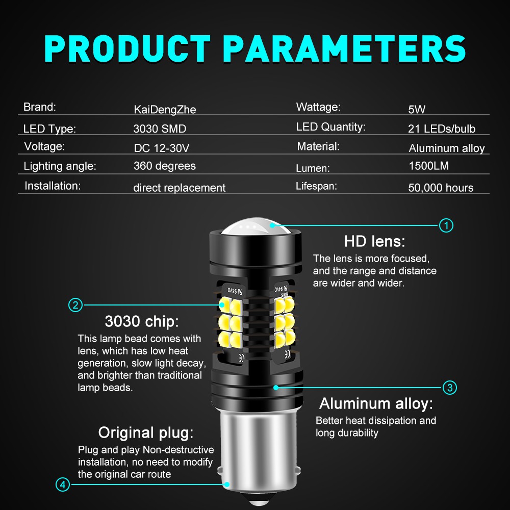 1 Bóng Đèn LED 1156 BA15S 1157 BAY15D 7443 3030 21SMD Hai Ống Kính Kép 1500Lm Gắn Đuôi Xe Hơi