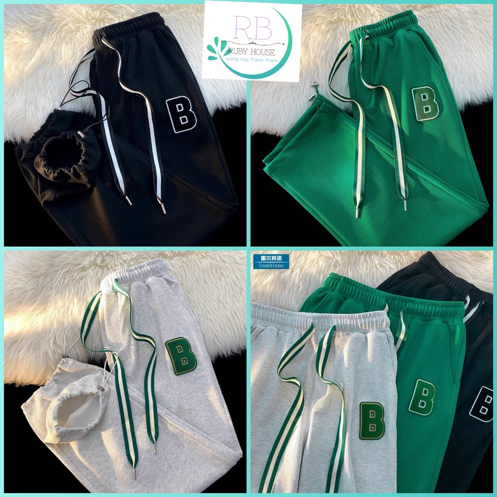 Quần jogger thêu đáp chữ B from quần ống rộng vải bo cotton dầy không xù 3màu Đen Xám,RÊU so hot