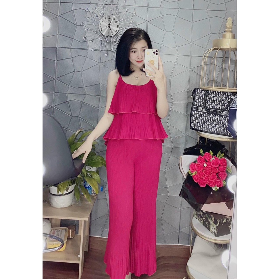 Set hai dây dập ly mặc nhà, mặc ngủ, mặc đi chơi cho nữ, vải lụa, thiết kế siêu xinh, siêu sang