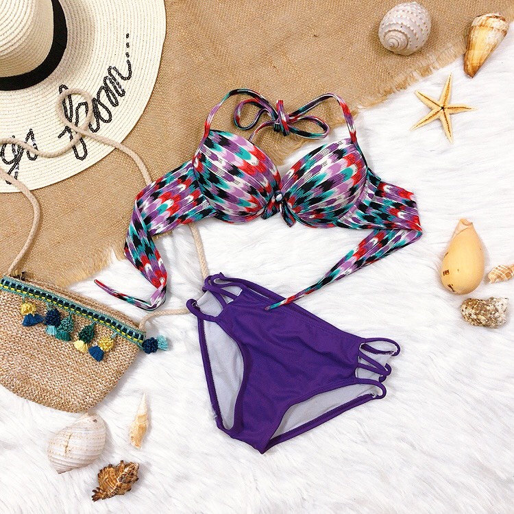 Bikini đi biển áo gọng nâng ngực mix quần chip đan dây màu tím sành điệu 2022