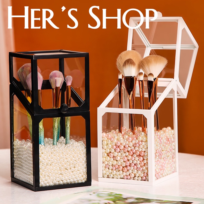 Hộp Đựng Cọ Trang Điểm Để Bàn Trong Suốt Hình Chữ Nhật Lục Giác Viền Đen Trắng - Hộp Bảo Quản Cọ Có Nắp Đậy Chống Bụi