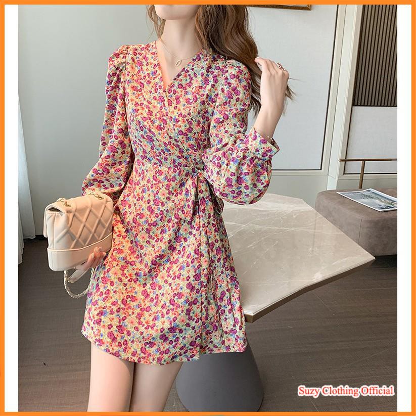 Đầm Dự Tiệc Chất Voan Hoa Nhí Thắt Eo Chéo Tay Phồng Ulzzang | BigBuy360 - bigbuy360.vn