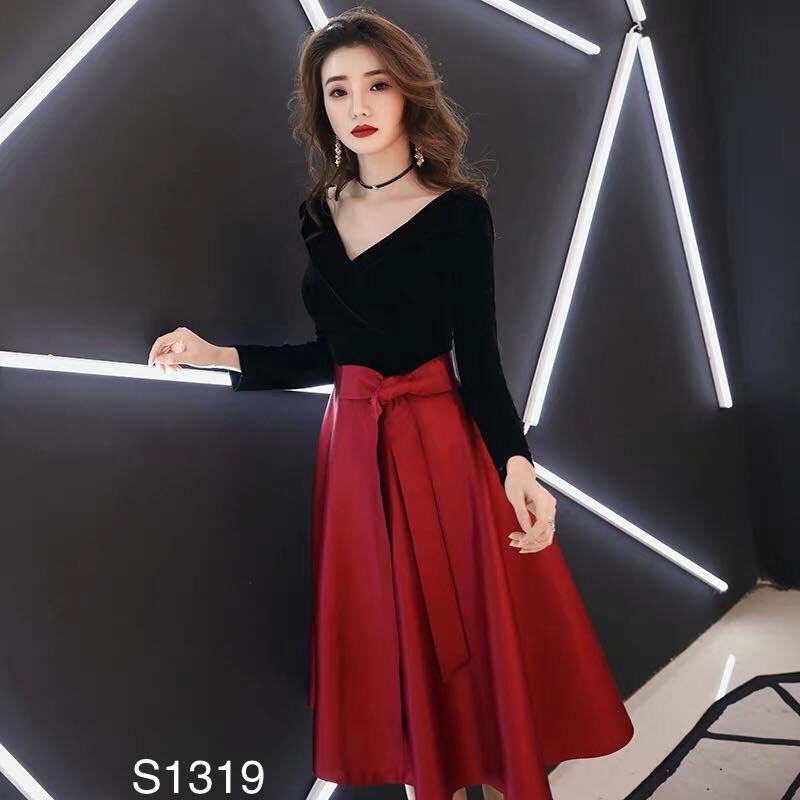 [ xả kho ] MiD Set áo đen trễ vai + chân váy đỏ thắt nơ S1319 Mie Design kèm ảnh thật