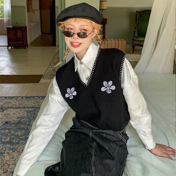 Áo len không tay cổ chữ v dáng rộng phong cách Hàn Quốc thời trang