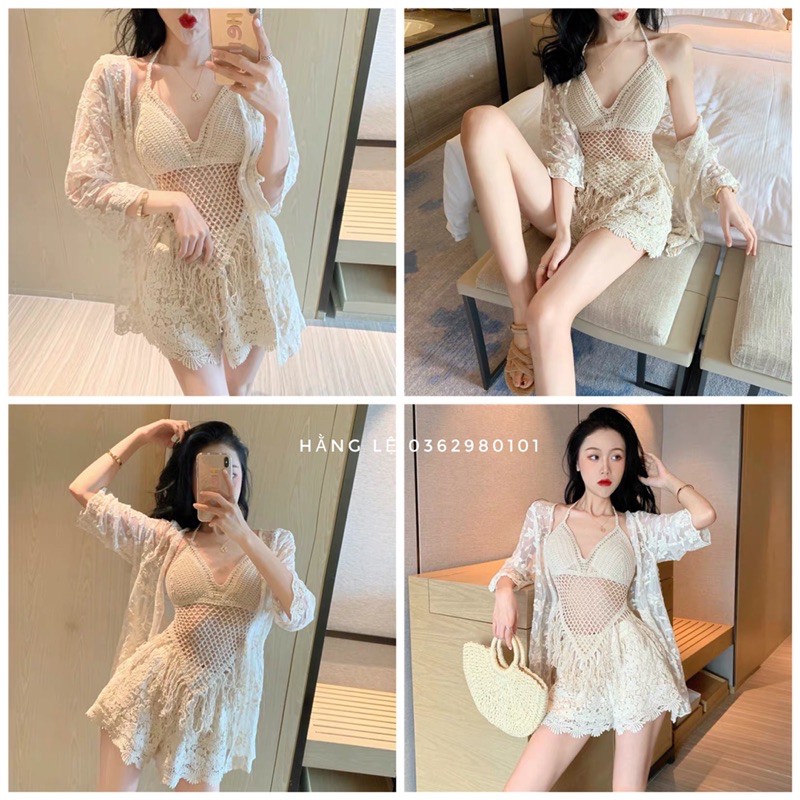 Set ren 3 món đi biển gồm: bra + áo cardigan + quần | BigBuy360 - bigbuy360.vn