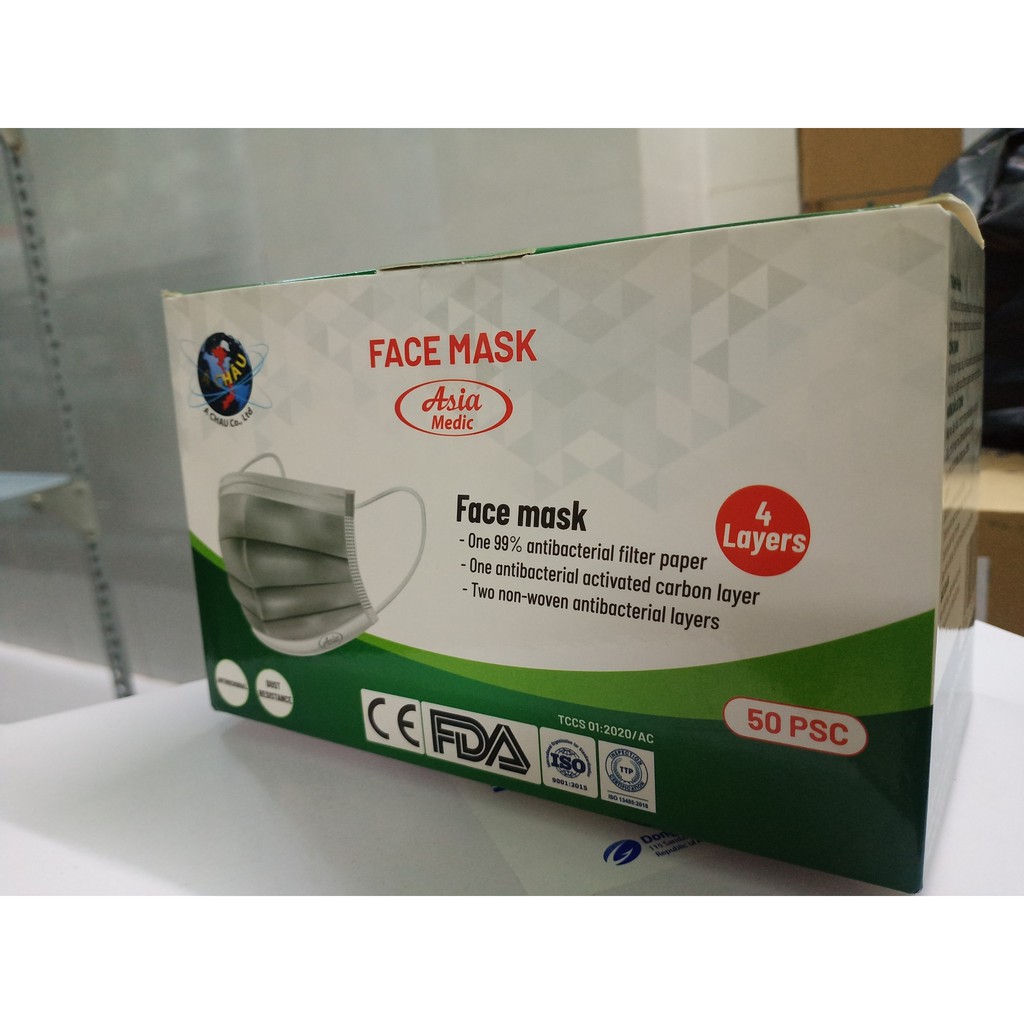 Khẩu trang than hoạt tính, hộp 50 cái, khẩu trang y tế 4 lớp Asia có than hoạt tính kháng khuẩn