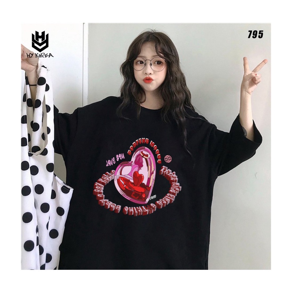 Áo thun unisex tay lỡ HY KOREA form rộng Trái tim hồng 795