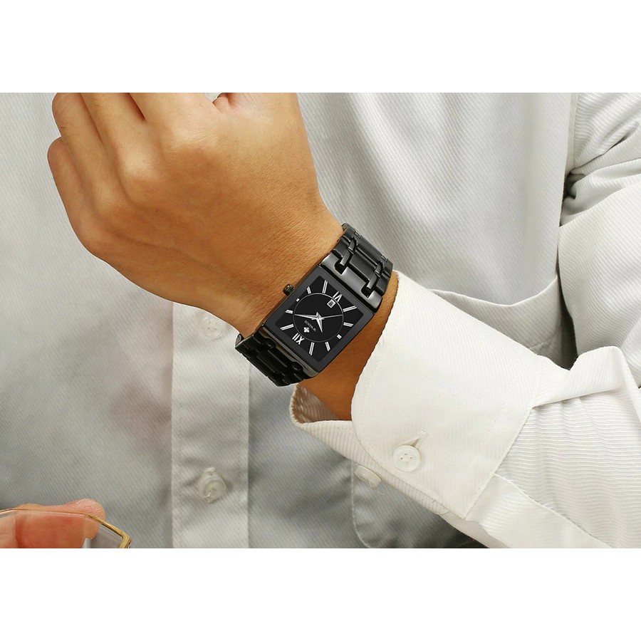 Đồng Hồ Nam WWOOR HALEI Mặt Vuông Nổi Bật, Dây Thép Không Ghỉ, Chống Nước Sinh Hoạt