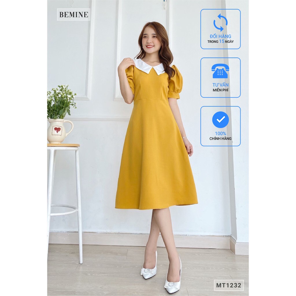 [Mã WABRWA15 giảm 15% đơn 300K] Đầm xòe tay ngắn cổ phối trắng BEMINE MT1232VANG