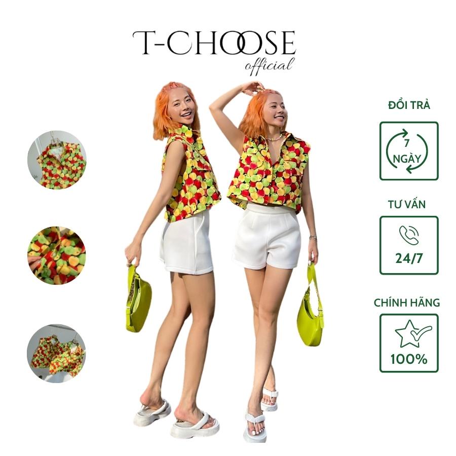 Áo thun nữ tay ngắn sơ mi, dáng ngắn croptop sát nách vải đũi màu sắc hoa qủa