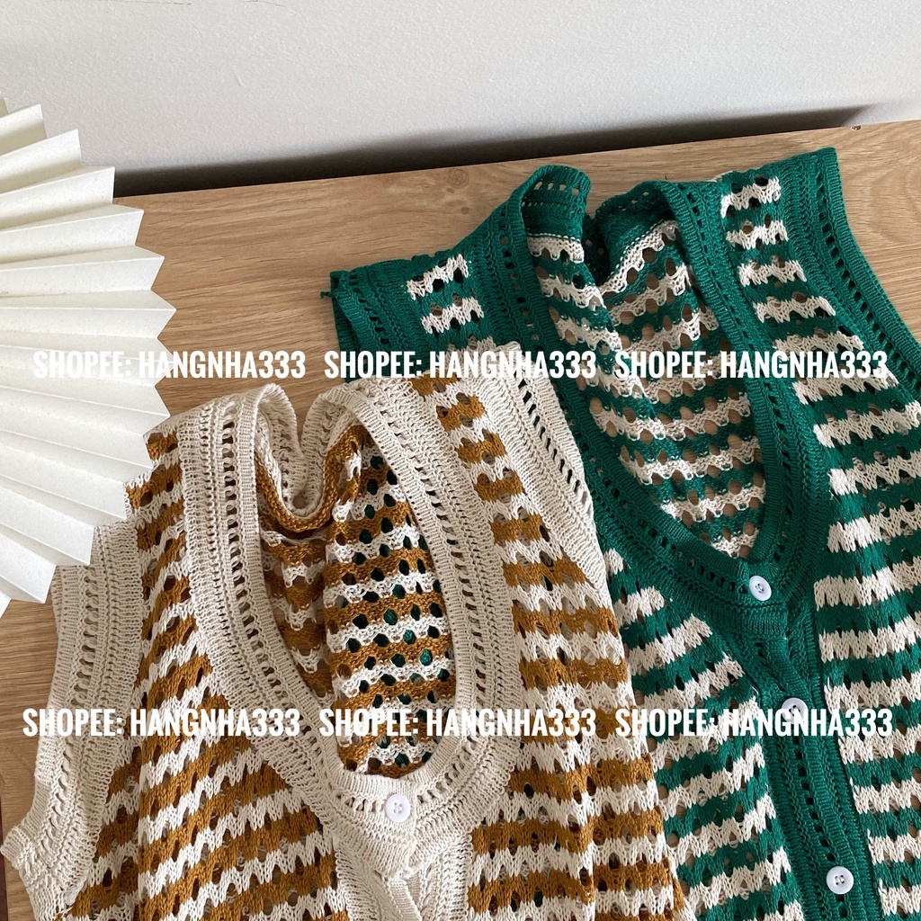 Áo len gile tanktop sát nách dáng rộng cài khuy hoạ tiết sọc ngang nhiều màu vintage