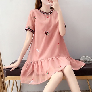 Đầm ngắn tay phối lưới thêu họa tiết thời trang hè dễ thương cho mẹ bầu