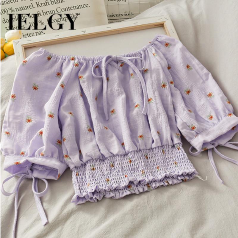 Áo croptop IELGY thắt nơ kiểu Pháp cổ thuyền in hoạ tiết hoa cúc cho nữ