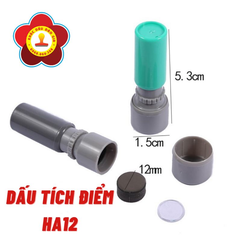 Con dấu tích điểm HA12 Kèm chai mực 5ml. Dấu tích điểm Mực flash nhanh khô Đóng được trên giấy có bề mặt bóng, cán nilon