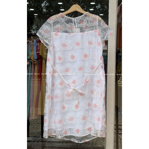 [HANNA] Đầm bầu ren đi tiệc giá rẻ có size 80kg dài qua gối sang lịch sự vải mát 2 lớp có túi bên sườn có dây nơ cột sau